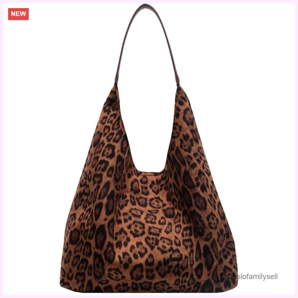 Large Capacity Faux Suede Tote Bag with Leopard Print Detachable Pouch